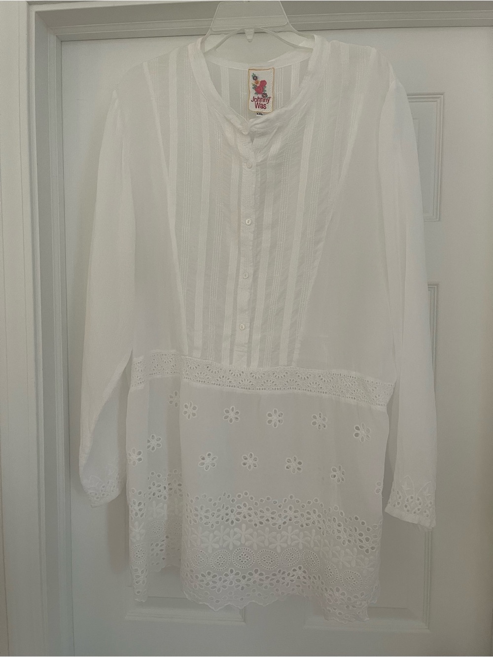 Johnny Was White V-Neck Blouse with Embroidered Label